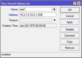 IP/Firewall/Address Lists/New Firewall Address List